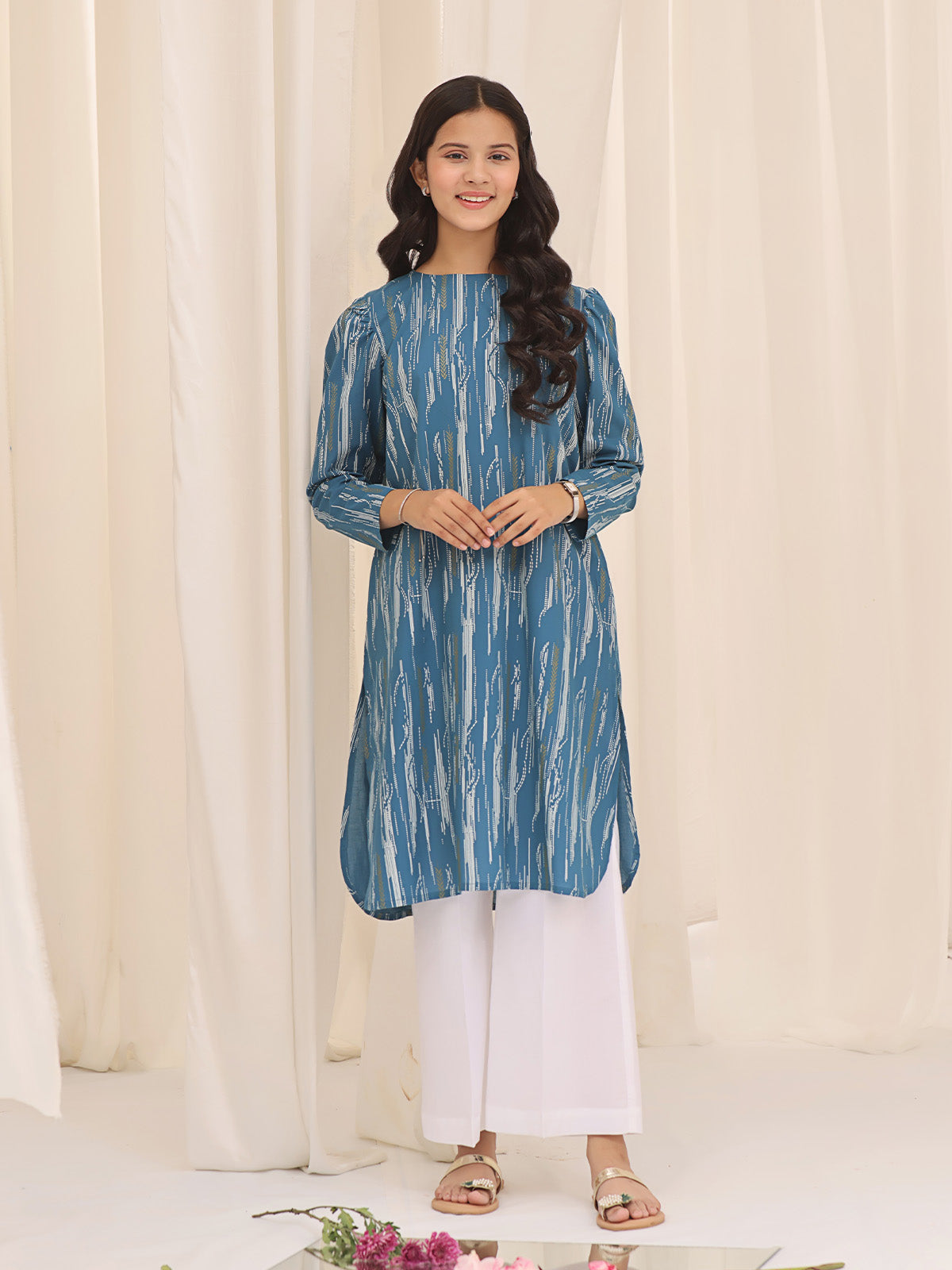 1Pc Printed Pret Kurti Cotton Blue - OGKT-2310001