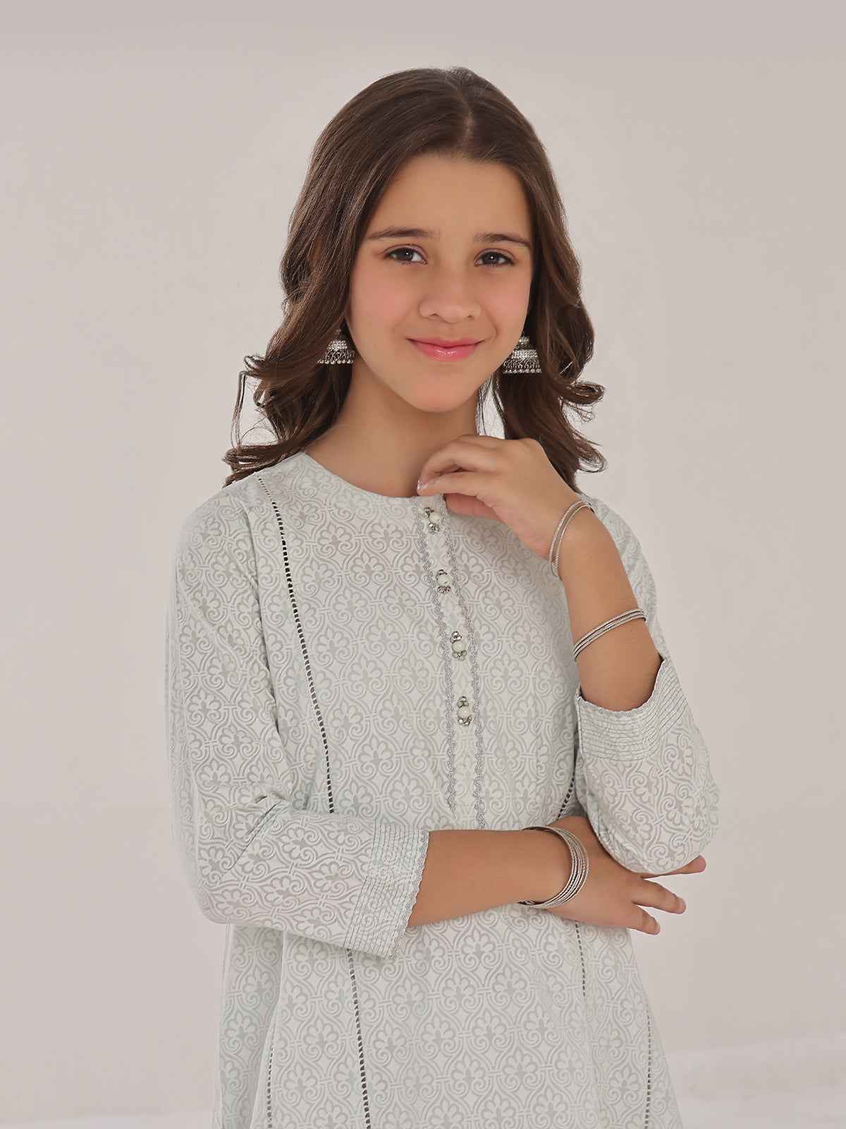 1Pc Printed Pret Kurti Yarn Dyed Green & White - OGKT-2310002