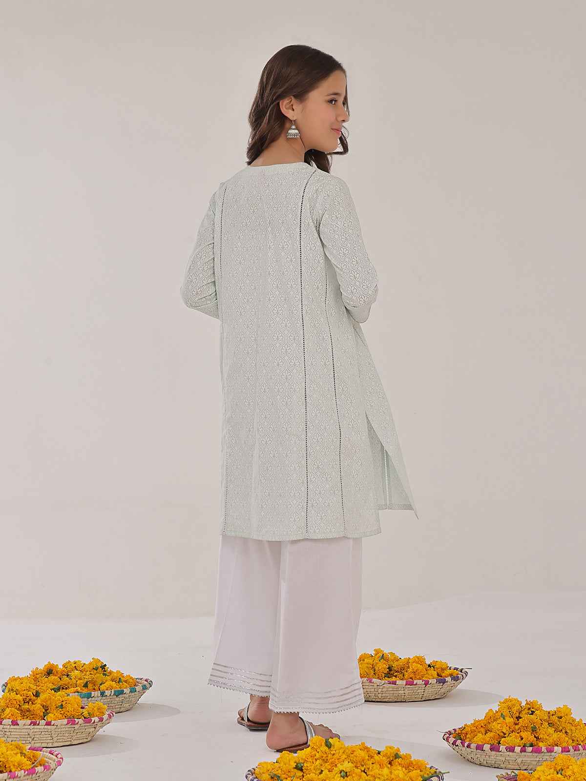 1Pc Printed Pret Kurti Yarn Dyed Green & White - OGKT-2310002