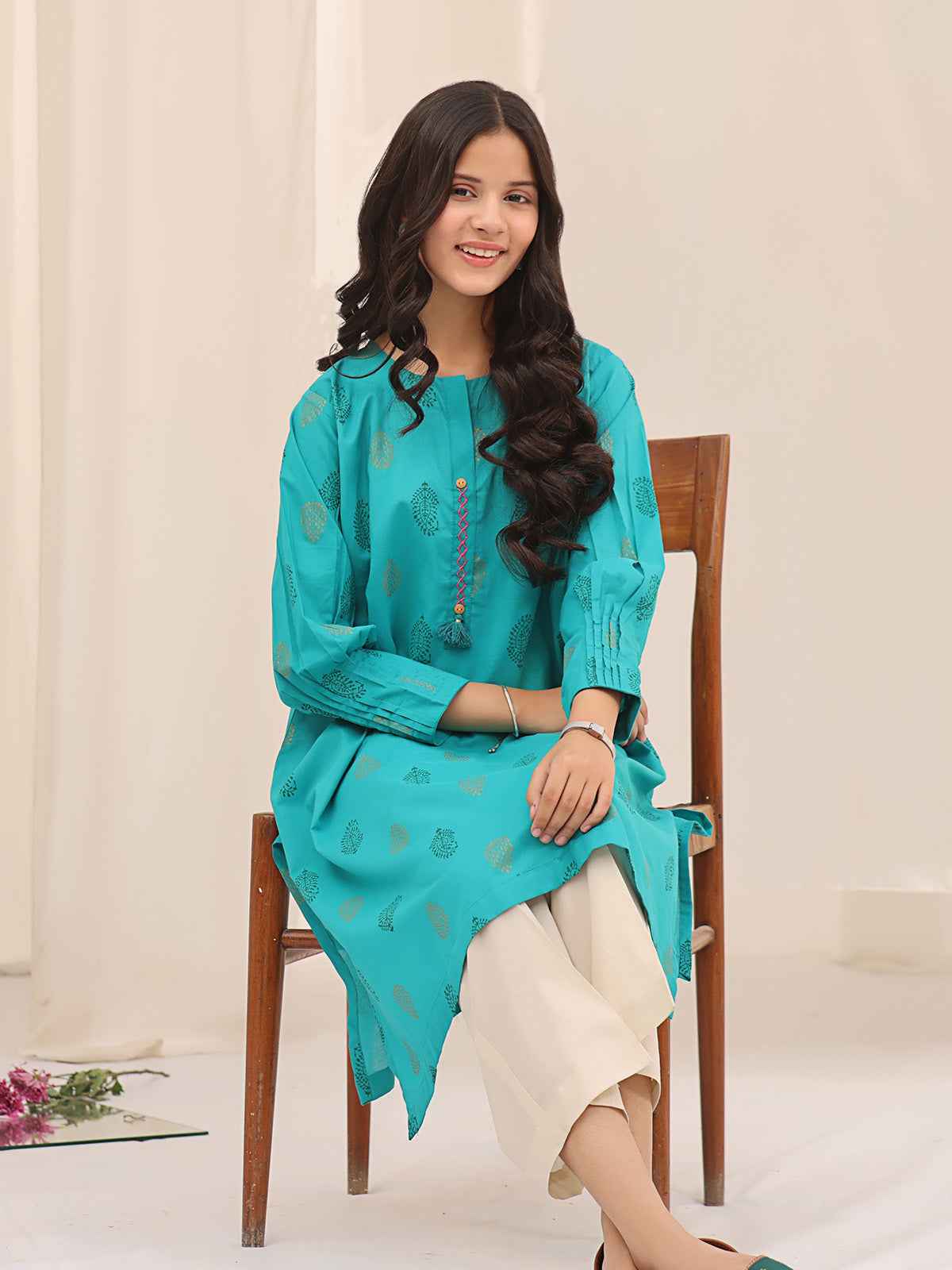 1Pc Printed Pret Kurti Cotton Aqua Green - OGKT-2310003