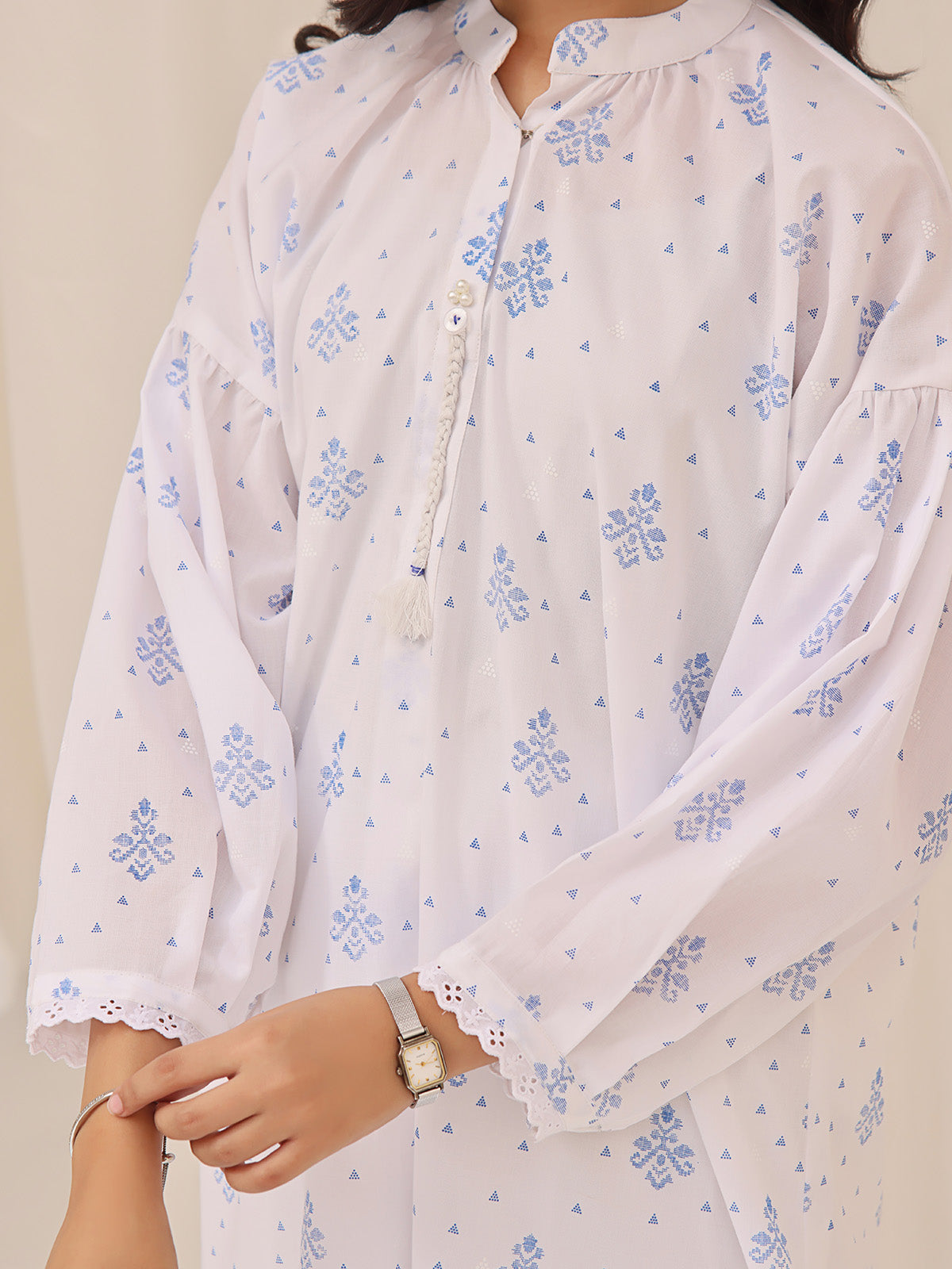 1Pc Printed Pret Kurti Cotton White & Blue - OGKT-2310004