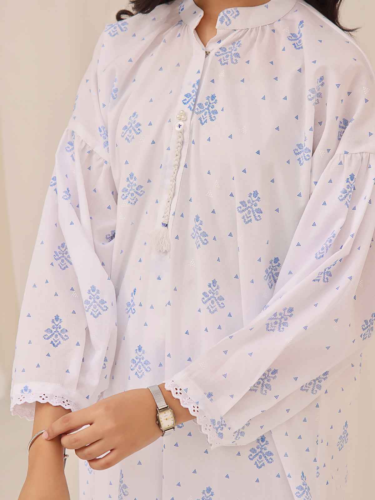 1Pc Printed Pret Kurti Cotton White & Blue - OGKT-2310004