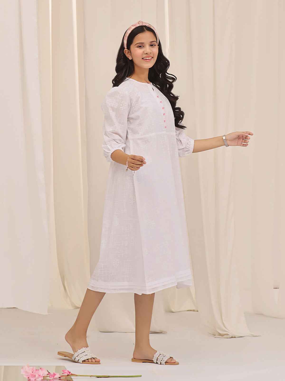 1Pc Printed Pret Kurti Cotton White - OGKT-2310005