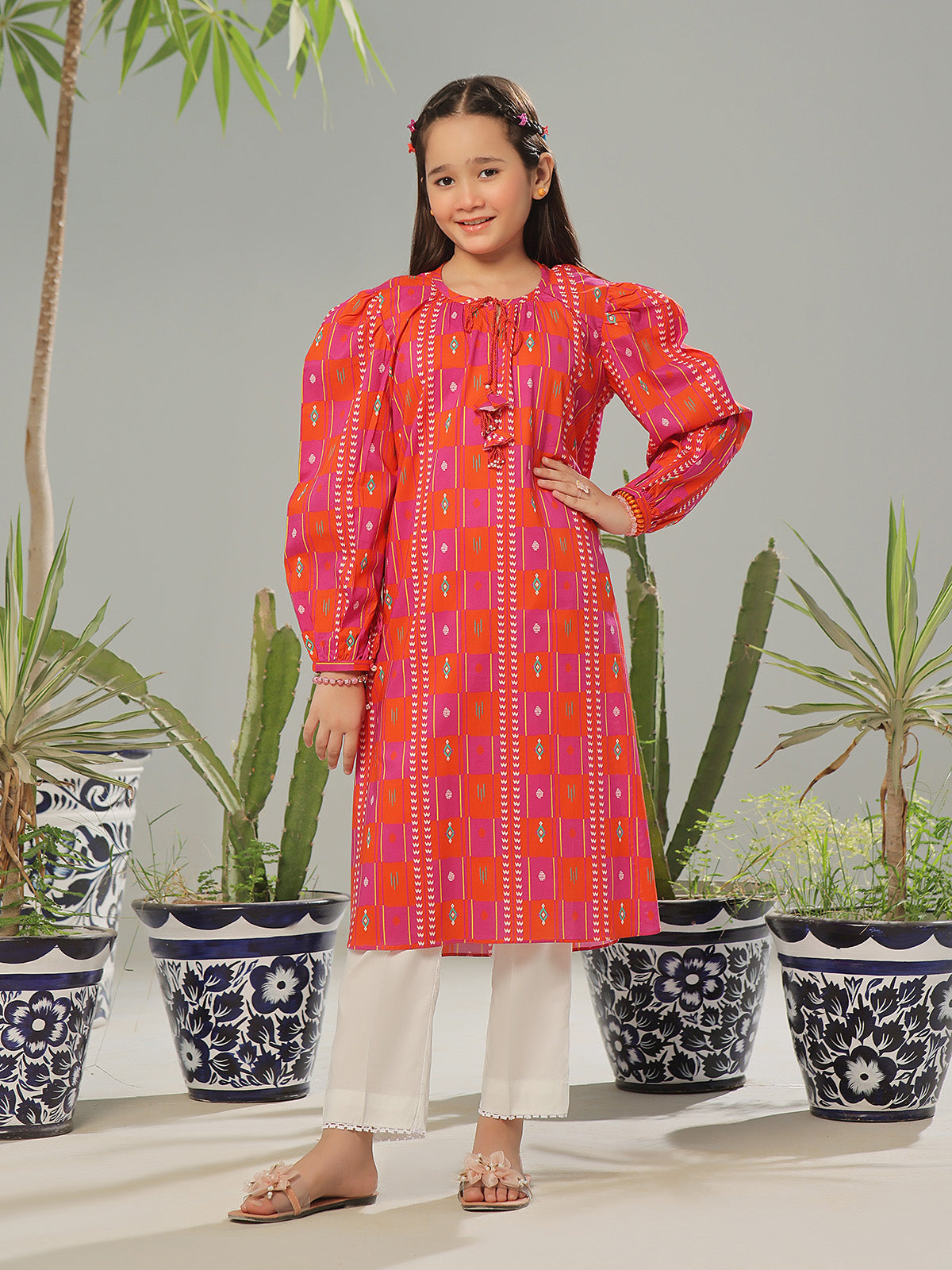 1Pc Printed Pret Kurti Lawn Orange - OGKT-2403003