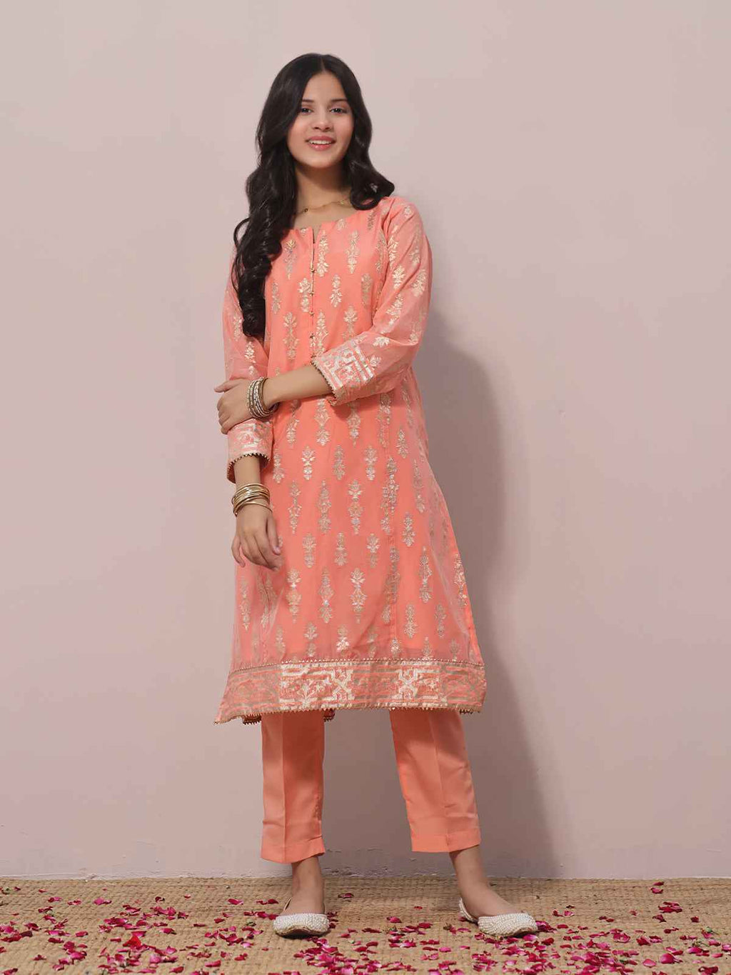 1Pc Printed Pret Kurti Jacquard Orange - OGKTG-2303025-1