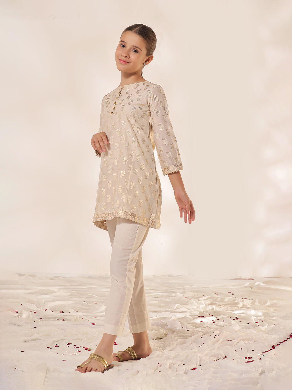 1Pc Printed Pret Kurti Jacquard Cream - OGKTG-23036