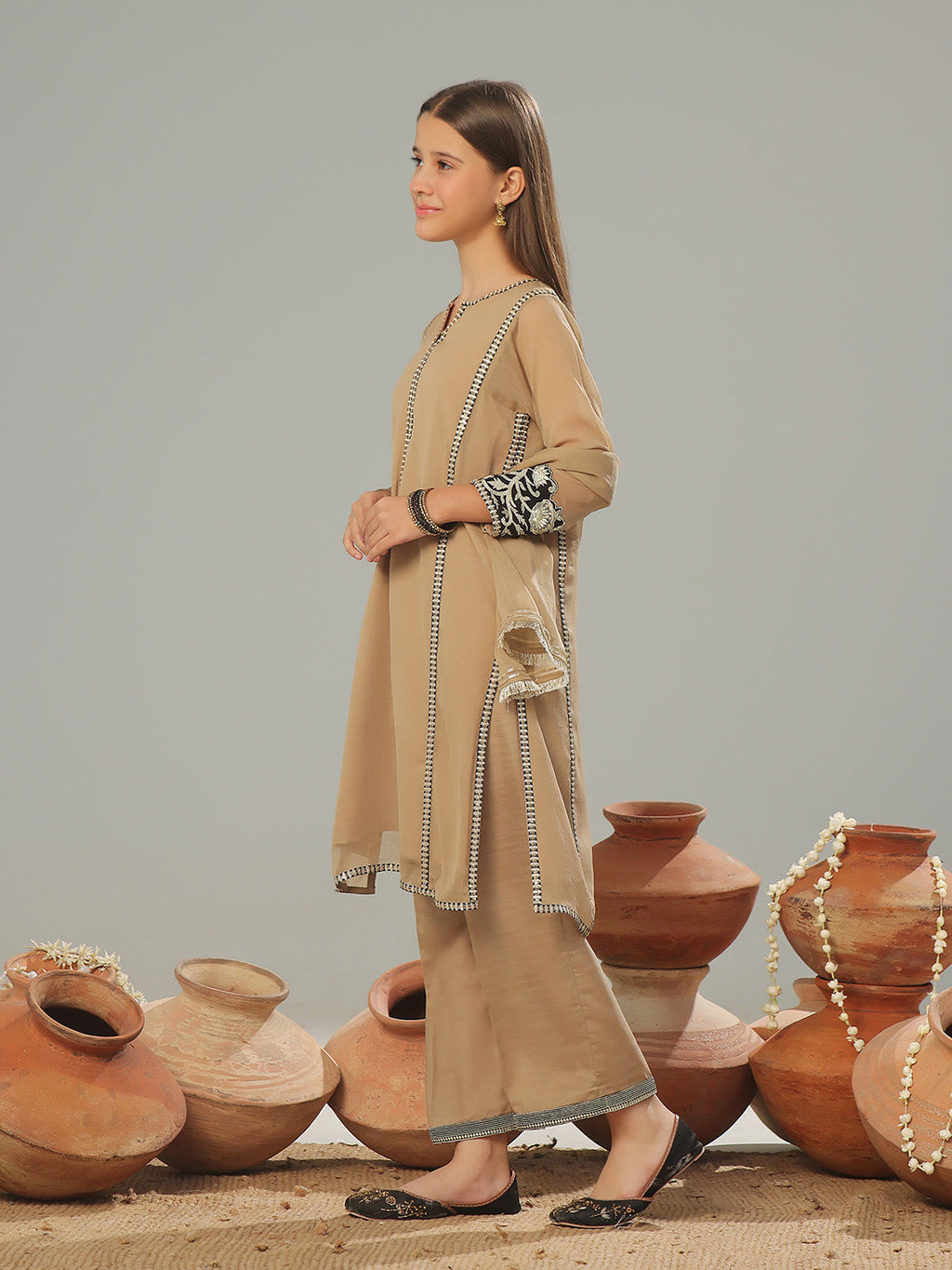 3Pc Embroidered Suit Pret Dyed Chiffon Fawn - OGE3P-2408028