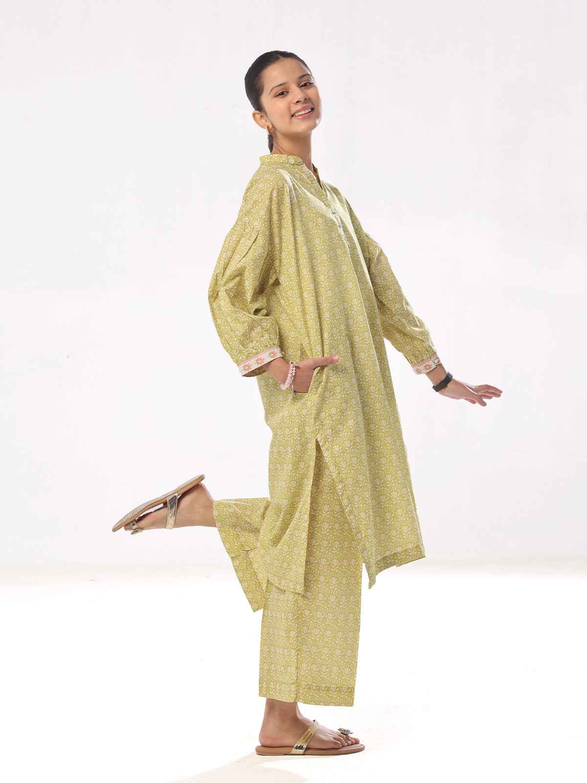 2Pc Printed Pret Shirt Trouser Cambric Mehandi - OG2P-2410027-1