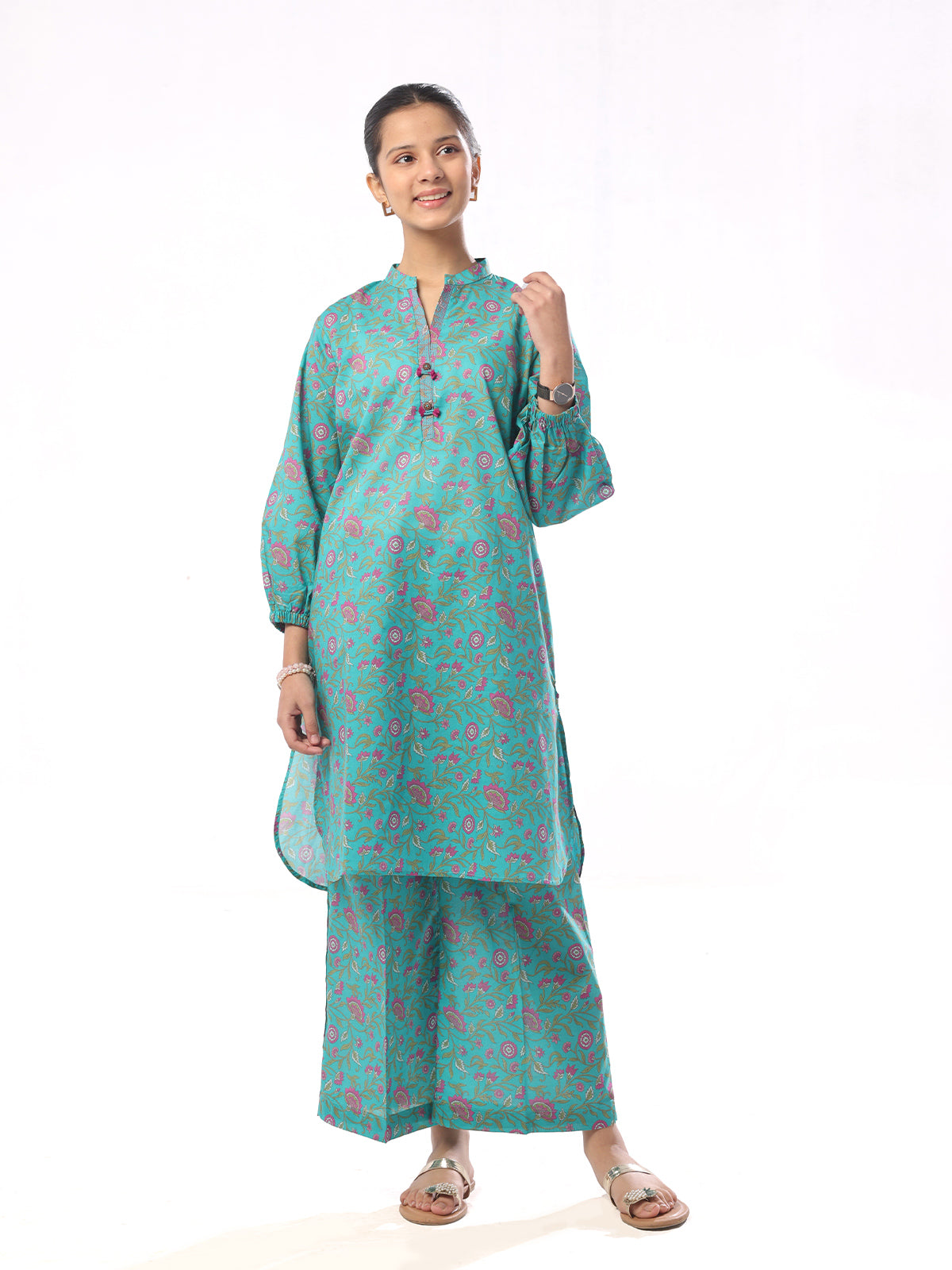 2Pc Printed Pret Shirt Trouser Dobby Green - OG2P-2410028