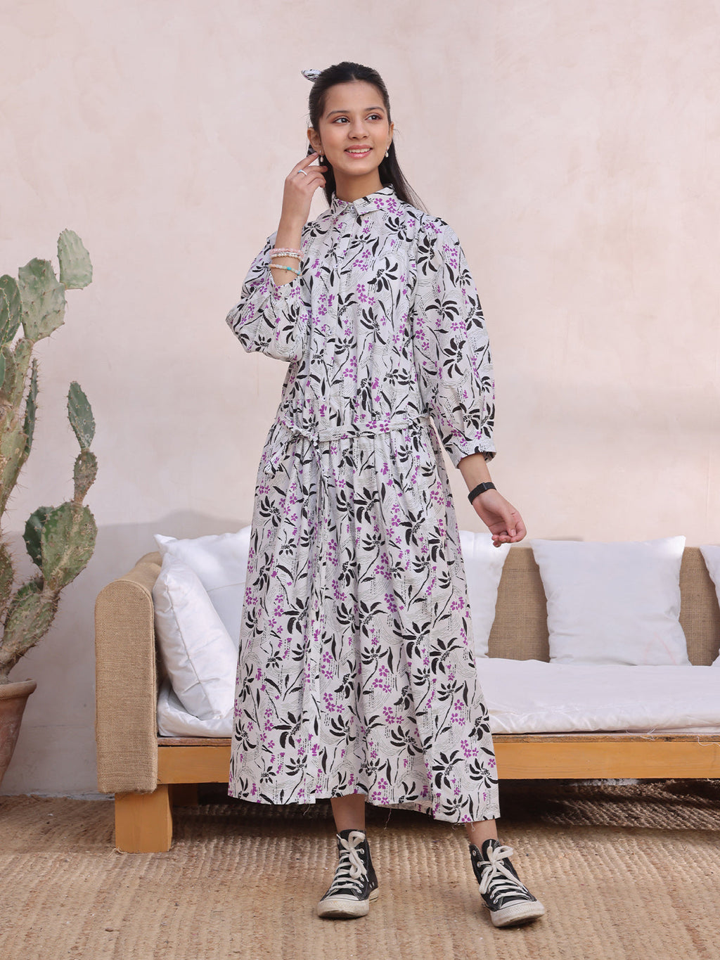 1Pc Printed Pret Kurti Cambric White & Black - OGKT-2412064