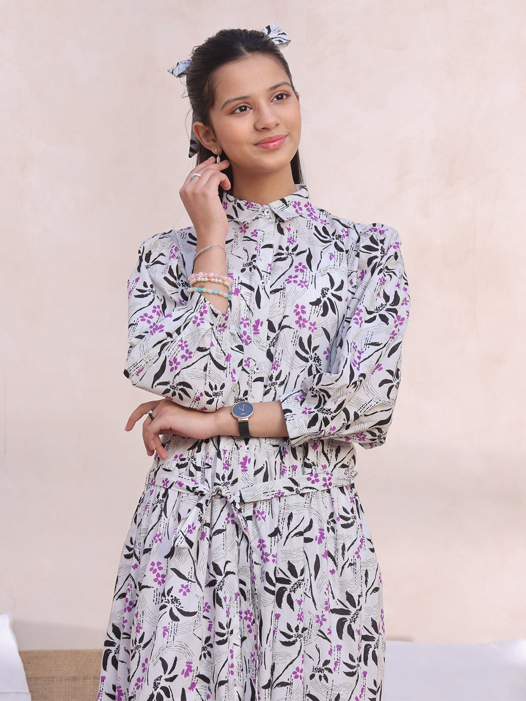 1Pc Printed Pret Kurti Cambric White & Black - OGKT-2412064
