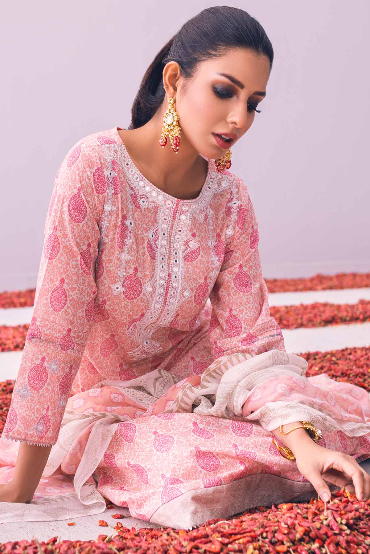 3Pc Embroidered Unstitched Lawn Peach - OLEC3P-6033-A