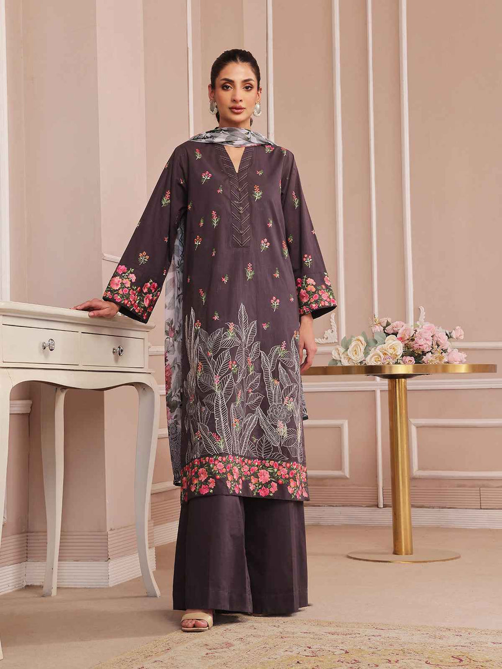 3PCs Embroidered Pret & Unstitched Suit Dyed Cambric Black