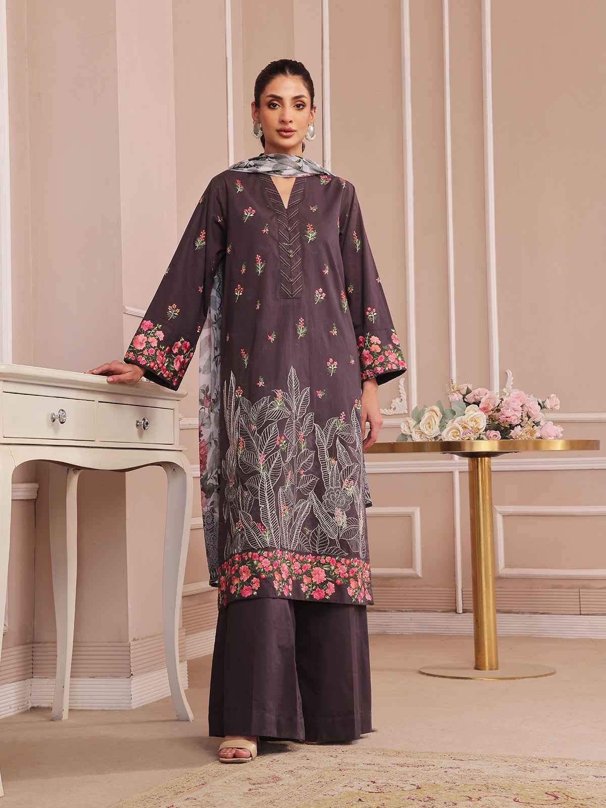3PCs Embroidered Pret & Unstitched Suit Dyed Cambric Black