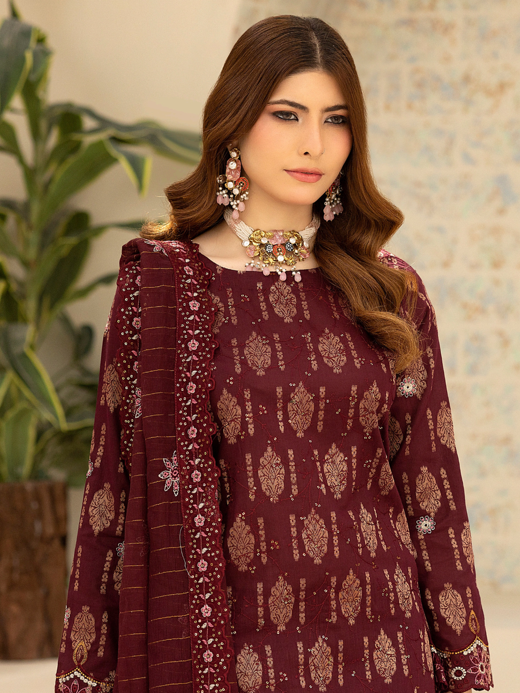 Wijdan Zarqash Gold Royal Maroon Embroidered Lawn Suit