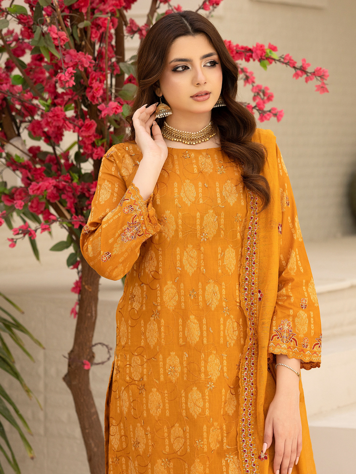 Wijdan Zarqash Gold Mustard Bloom Embroidered Lawn Suit