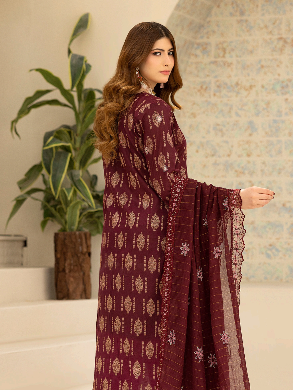 Wijdan Zarqash Gold Royal Maroon Embroidered Lawn Suit
