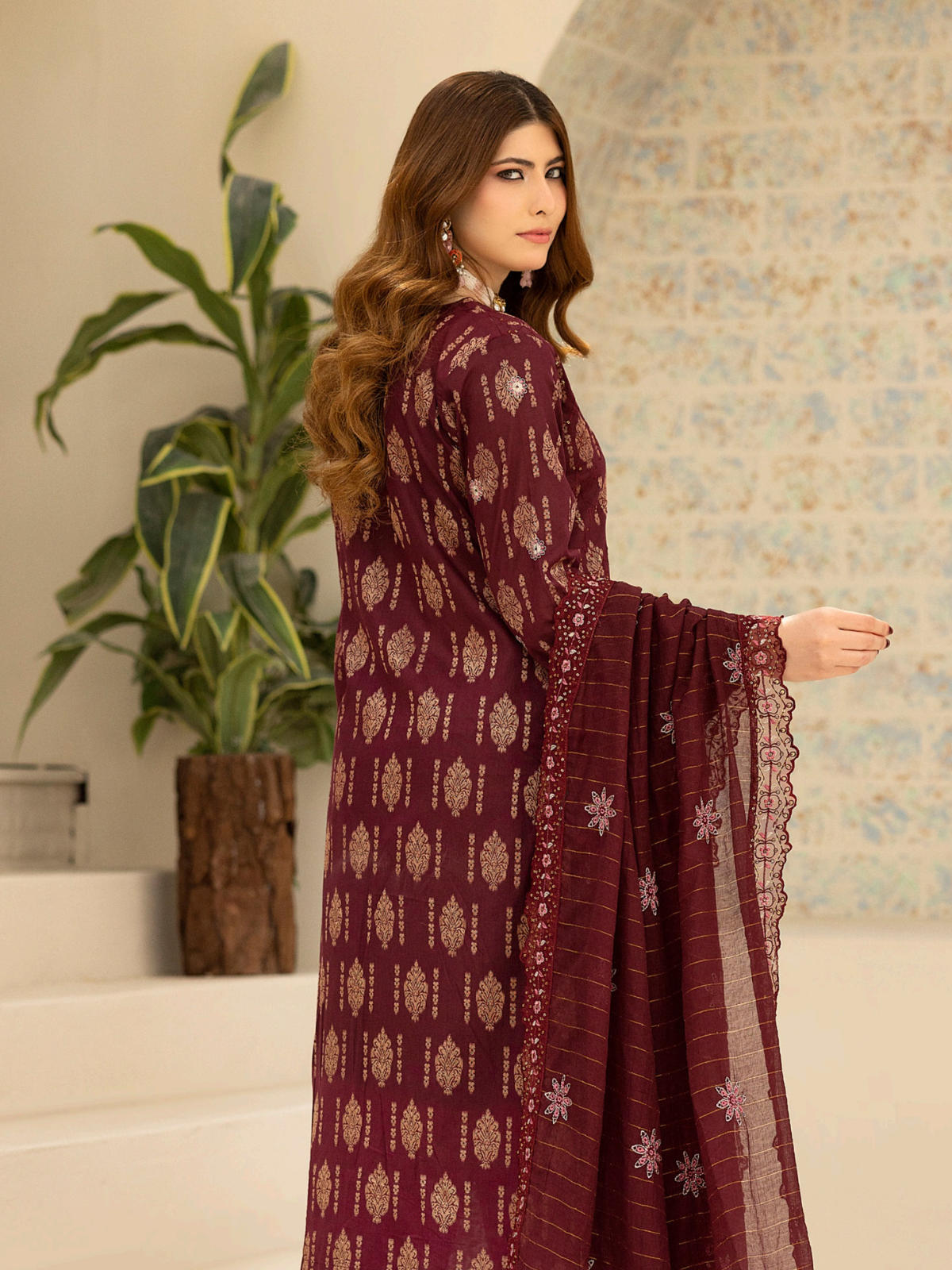 Wijdan Zarqash Gold Royal Maroon Embroidered Lawn Suit