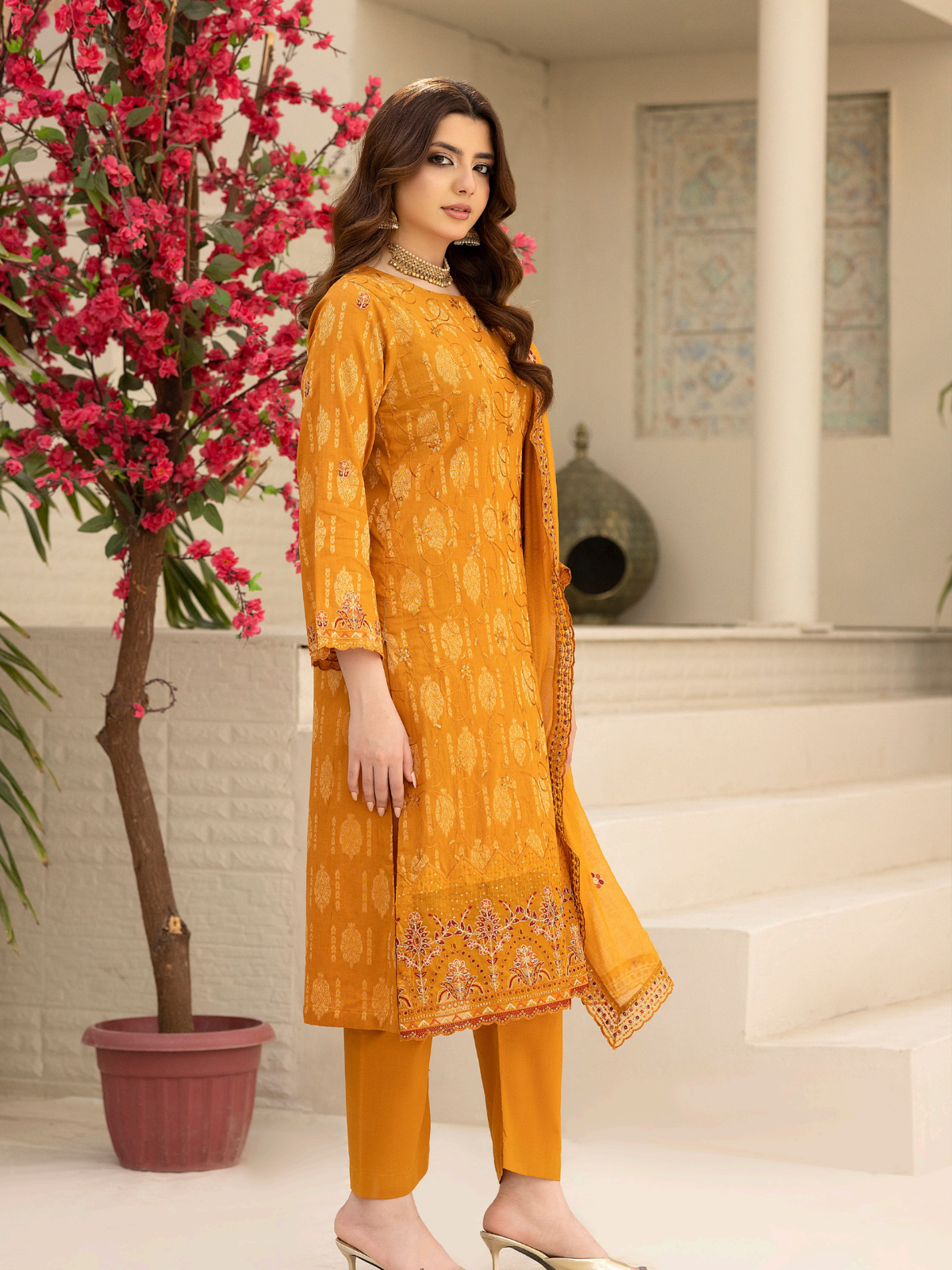 Wijdan Zarqash Gold Mustard Bloom Embroidered Lawn Suit