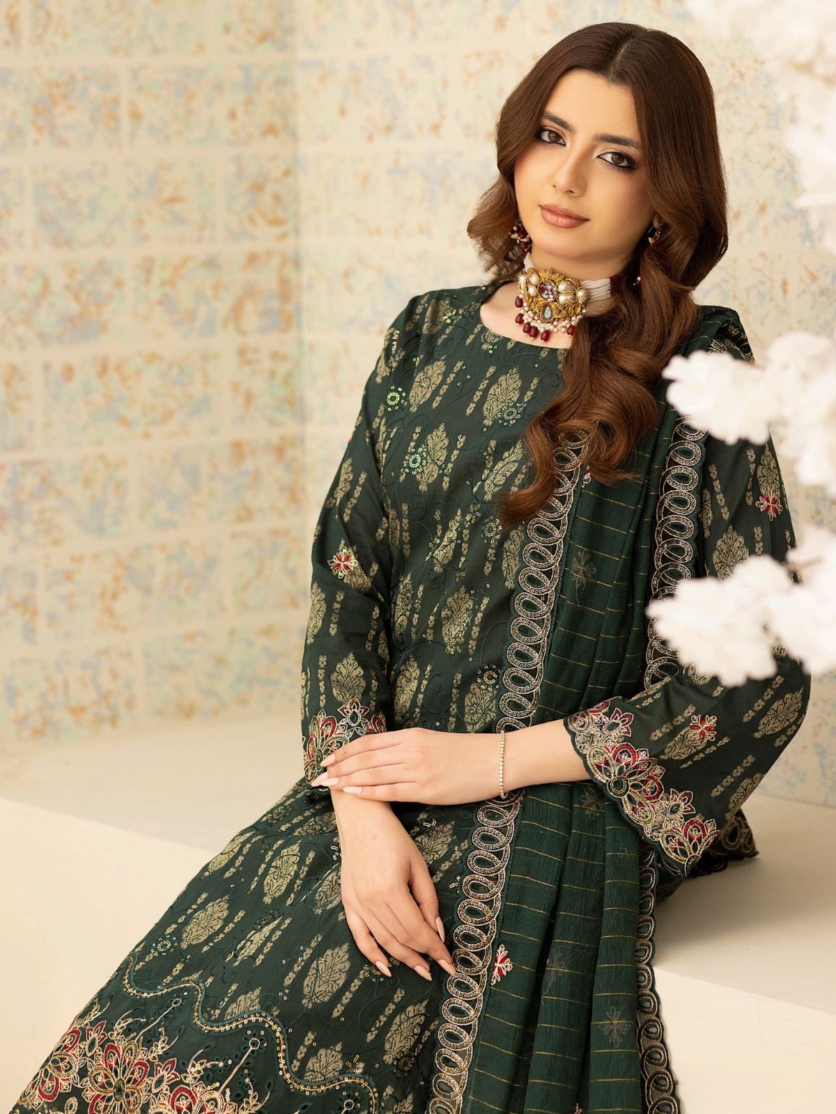 Wijdan Zarqash Gold Emerald Grace Embroidered Lawn Suit
