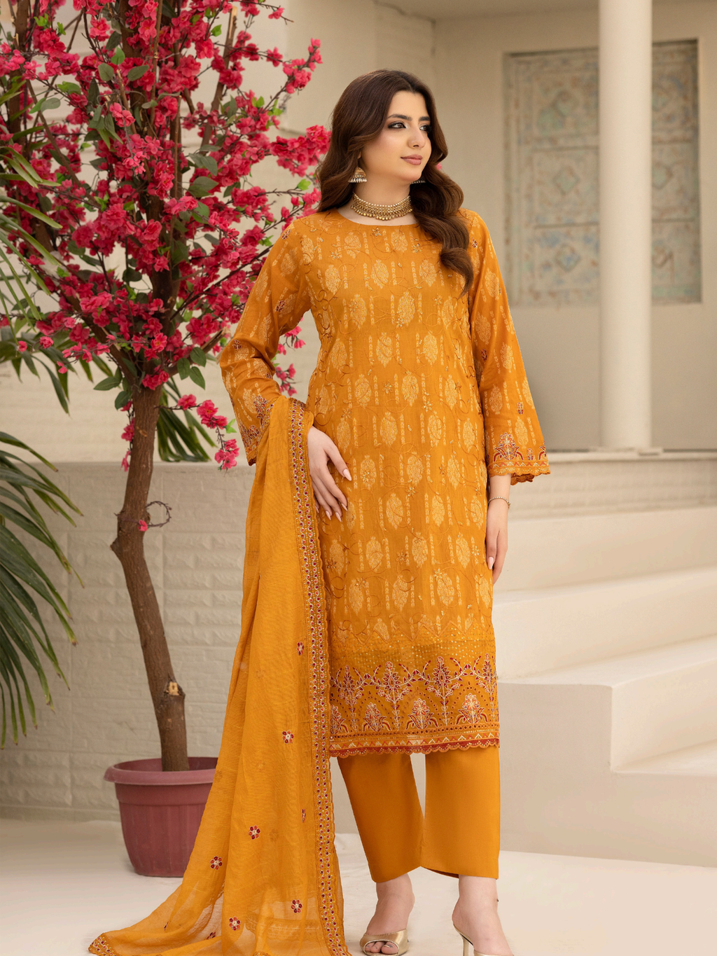 Wijdan Zarqash Gold Mustard Bloom Embroidered Lawn Suit