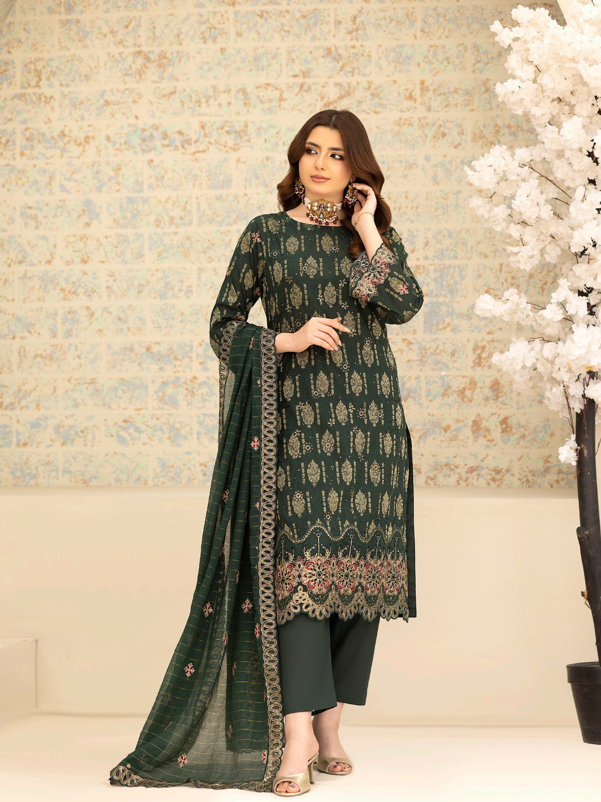 Wijdan Zarqash Gold Emerald Grace Embroidered Lawn Suit