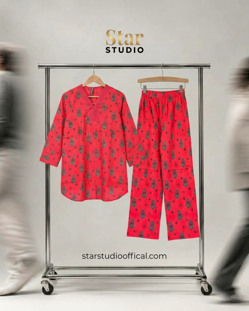 2Pc Printed Pret Shirt Trouser Red – Traditional Print