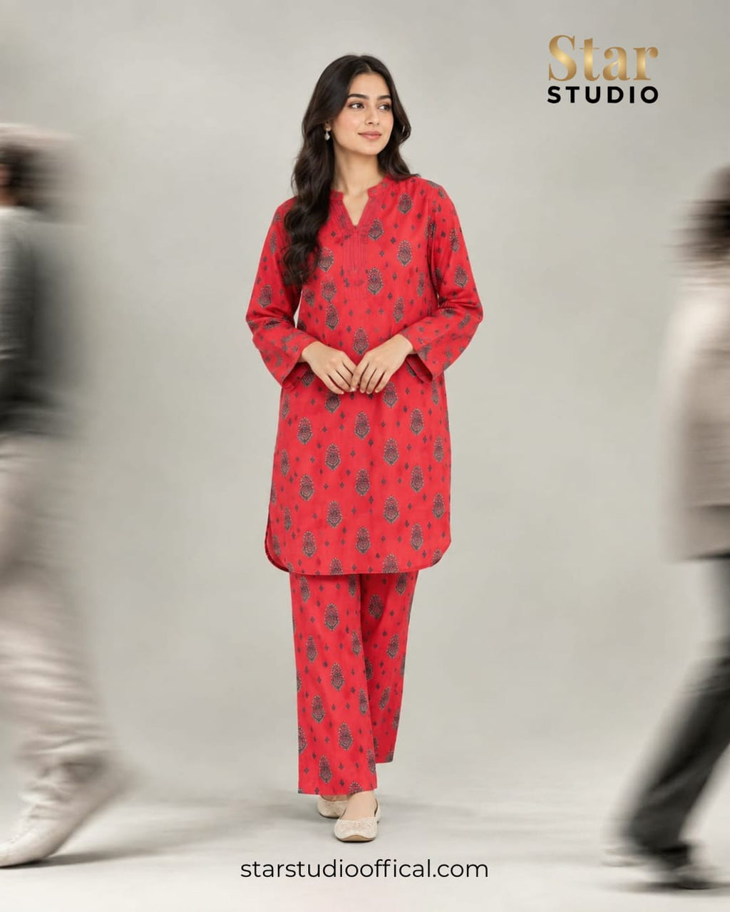 2Pc Printed Pret Shirt Trouser Red – Traditional Print