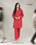 2Pc Printed Pret Shirt Trouser Red – Traditional Print