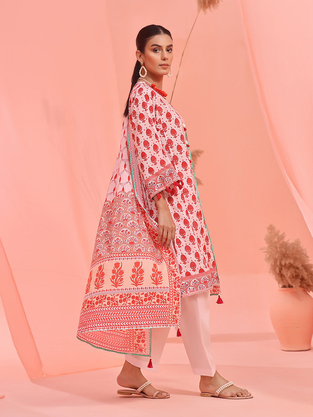 2Pc Embroidered Pret Shirt Dupatta Lawn Light Pink & Red - OWE2P-2401027