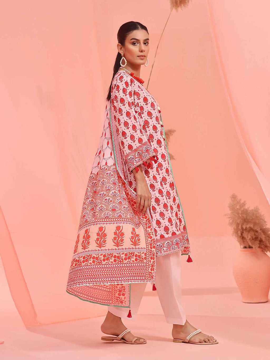 2Pc Embroidered Pret Shirt Dupatta Lawn Light Pink & Red - OWE2P-2401027