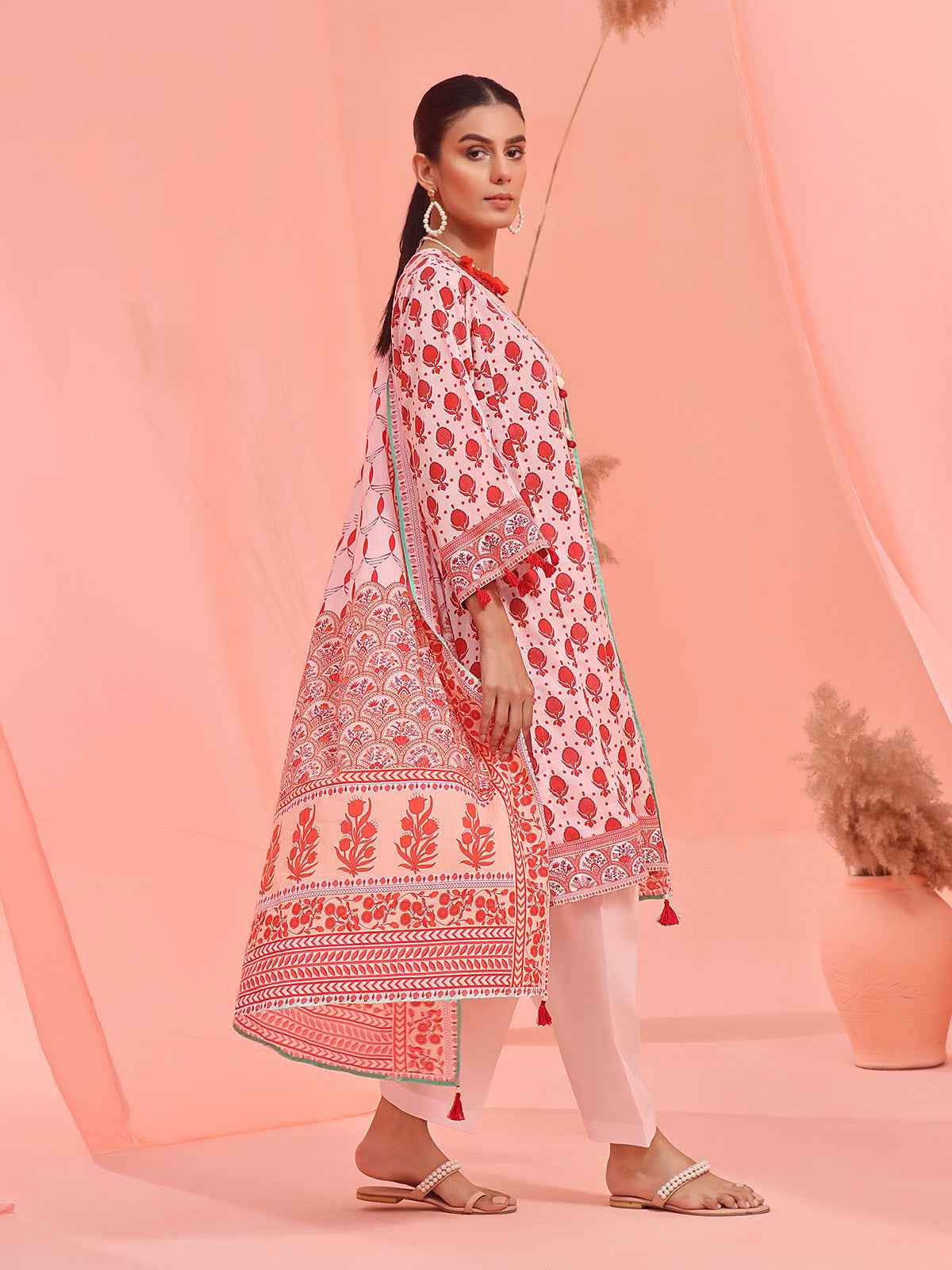 2Pc Embroidered Pret Shirt Dupatta Lawn Light Pink & Red - OWE2P-2401027