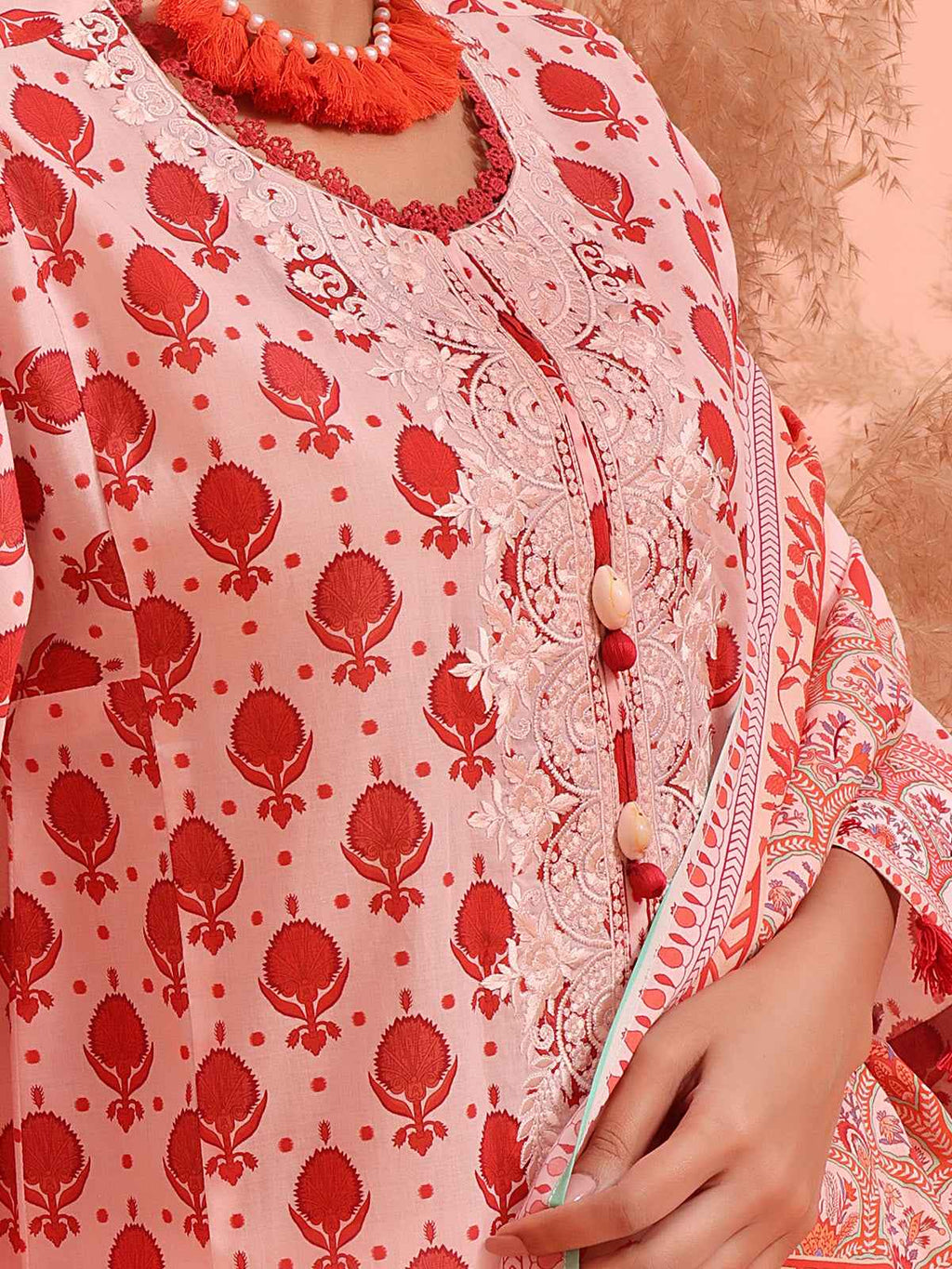 2Pc Embroidered Pret Shirt Dupatta Lawn Light Pink & Red - OWE2P-2401027