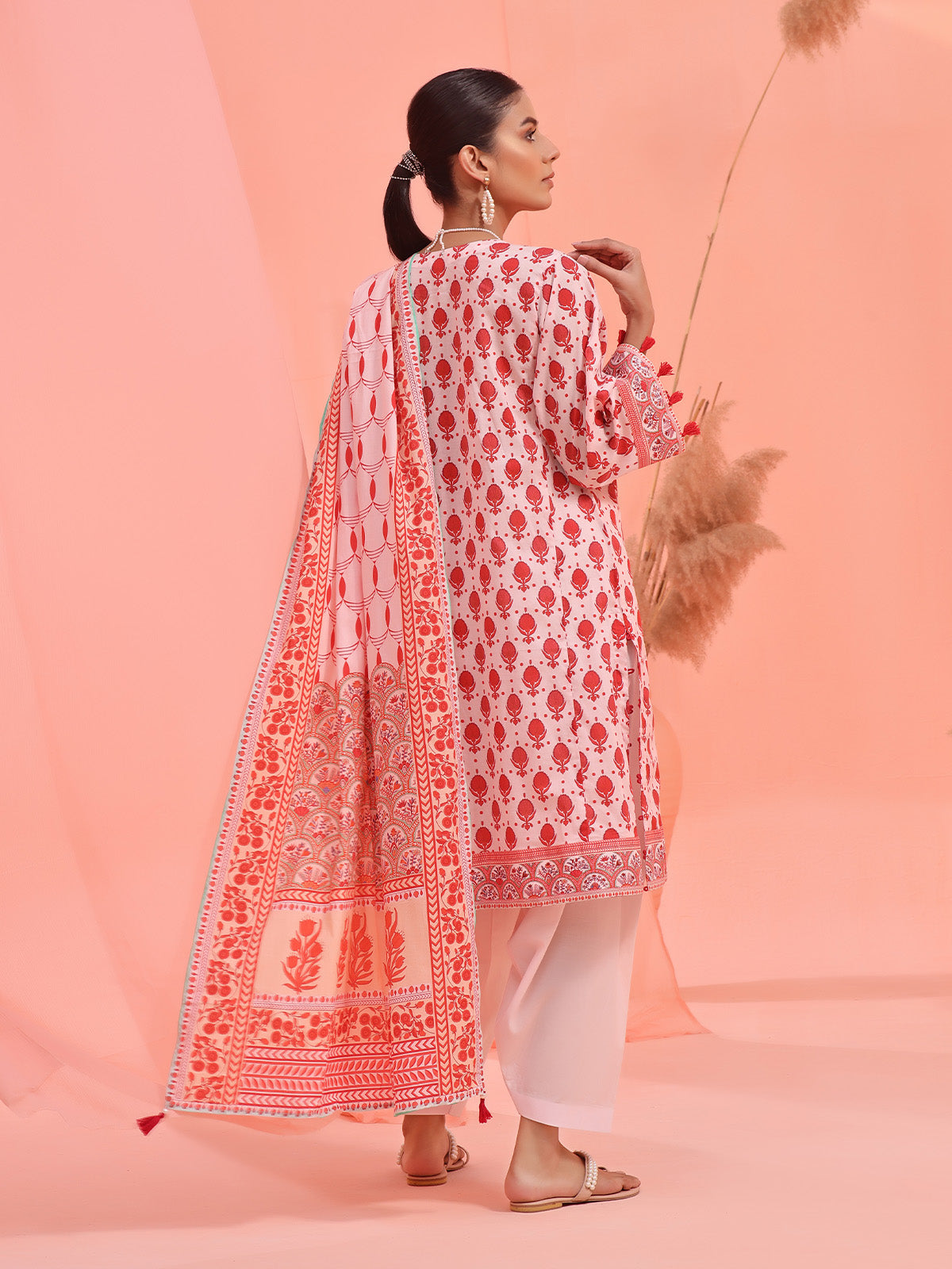 2Pc Embroidered Pret Shirt Dupatta Lawn Light Pink & Red - OWE2P-2401027