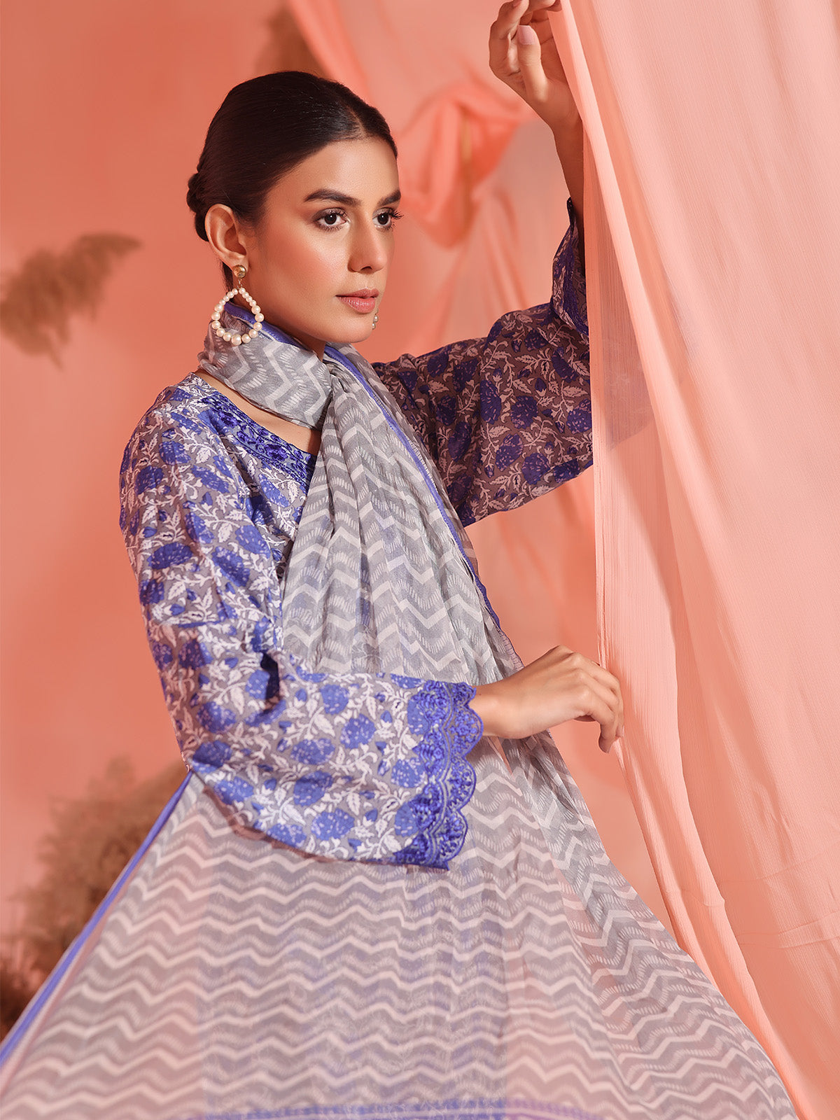 2Pc Embroidered Pret Shirt Dupatta Lawn Grey & Blue - OWE2P-2401046