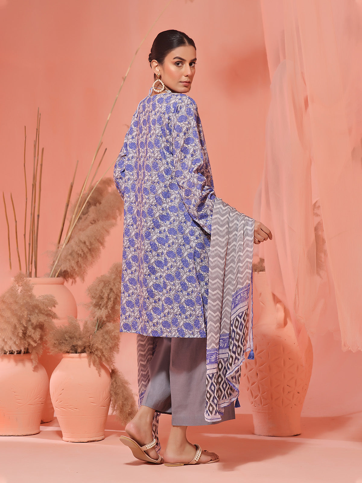 2Pc Embroidered Pret Shirt Dupatta Lawn Grey & Blue - OWE2P-2401046