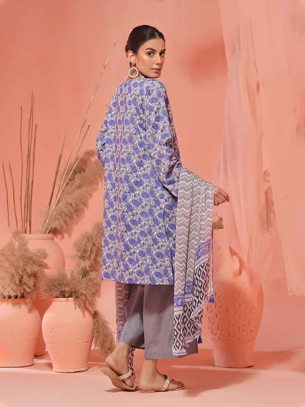 2Pc Embroidered Pret Shirt Dupatta Lawn Grey & Blue - OWE2P-2401046