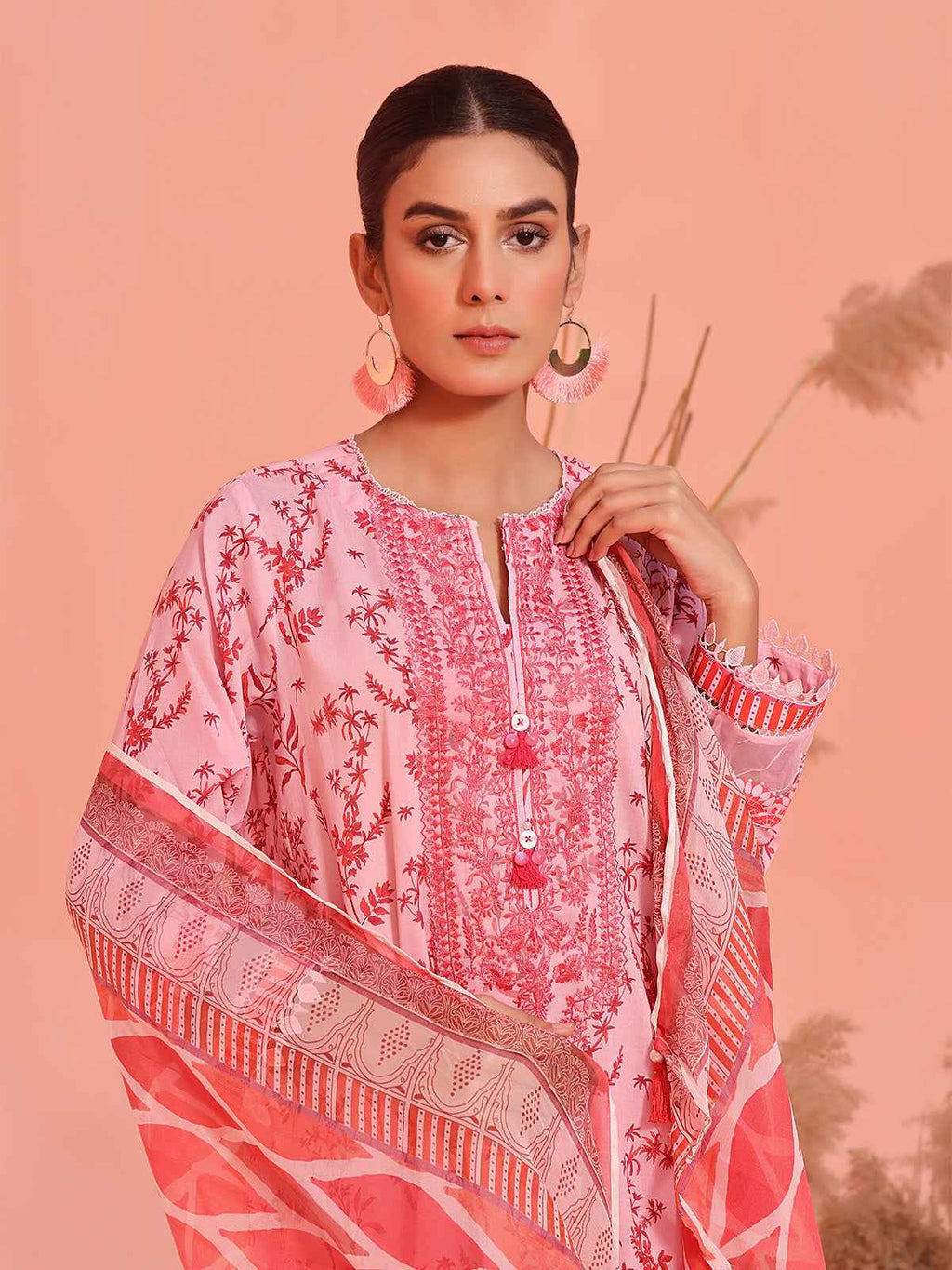 2Pc Embroidered Pret Shirt Dupatta Lawn Pink & Maroon - OWE2P-2401047