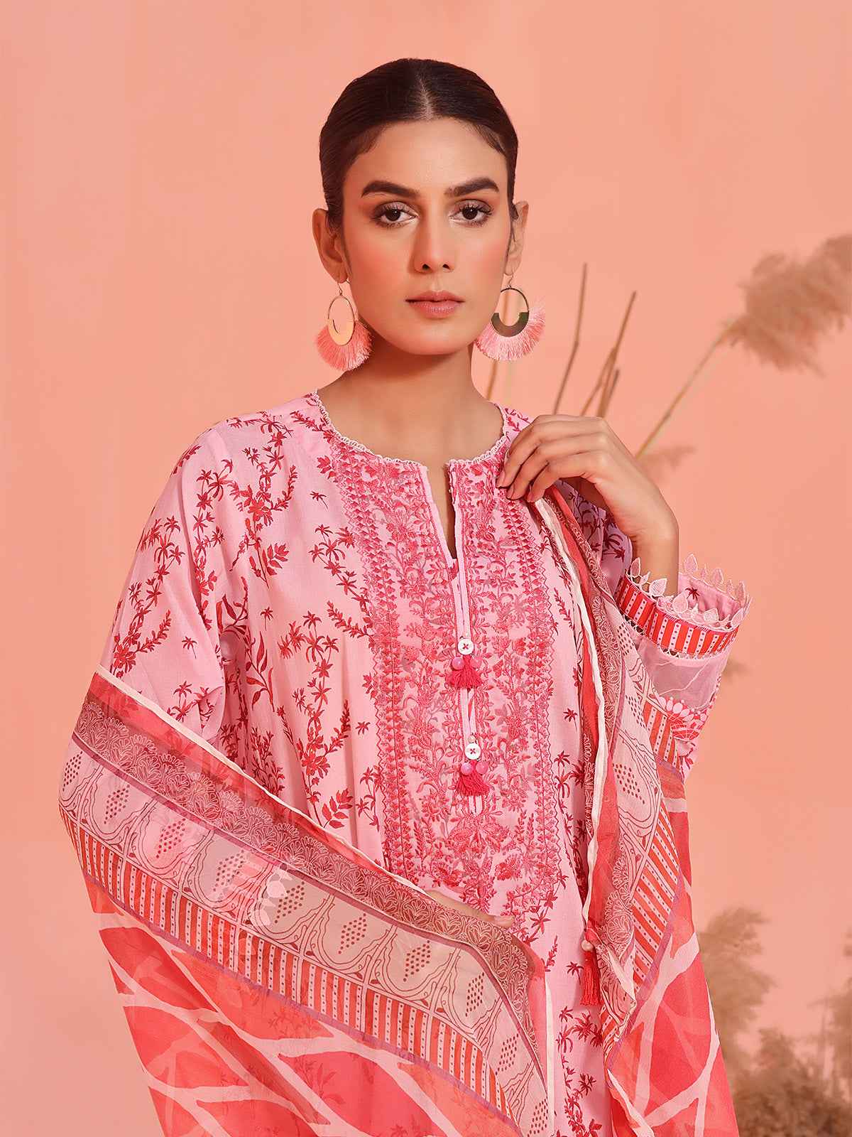 2Pc Embroidered Pret Shirt Dupatta Lawn Pink & Maroon - OWE2P-2401047