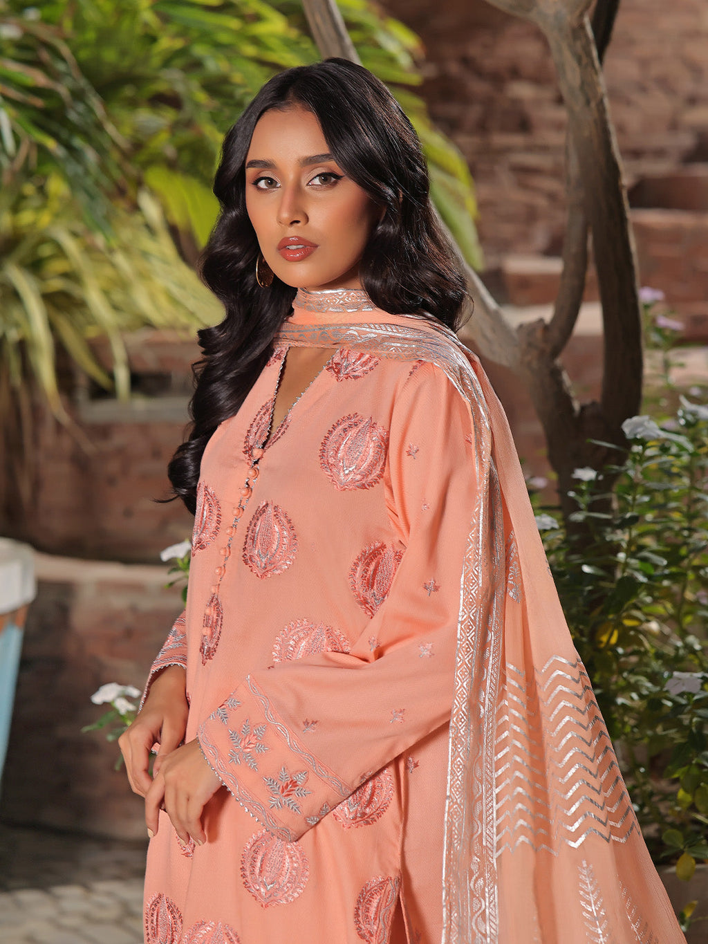 2Pc Embroidered Pret Shirt Dupatta Dobby Peach - OWE2P-2401050