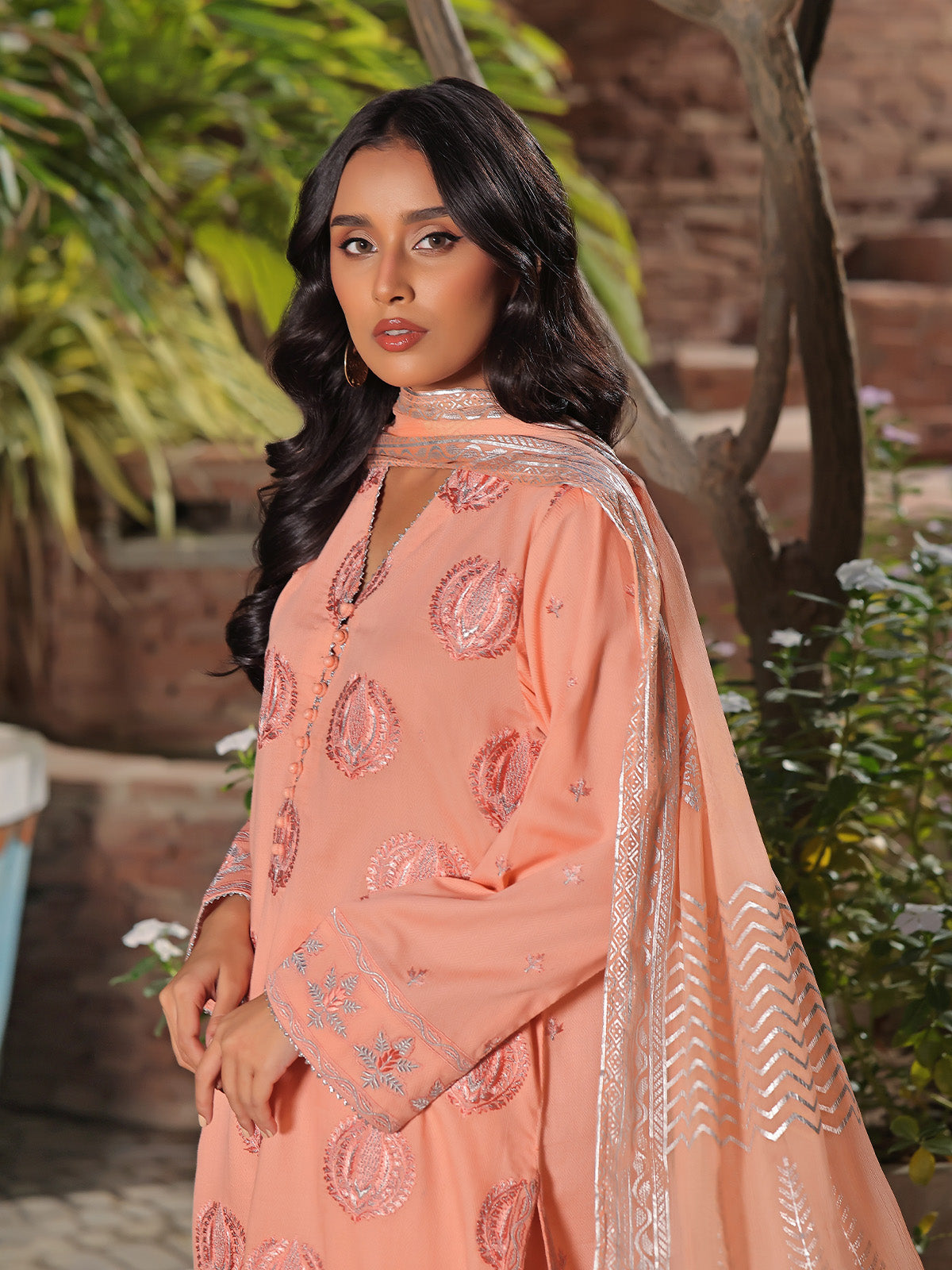 2Pc Embroidered Pret Shirt Dupatta Dobby Peach - OWE2P-2401050