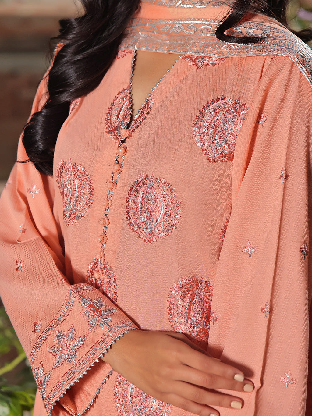 2Pc Embroidered Pret Shirt Dupatta Dobby Peach - OWE2P-2401050