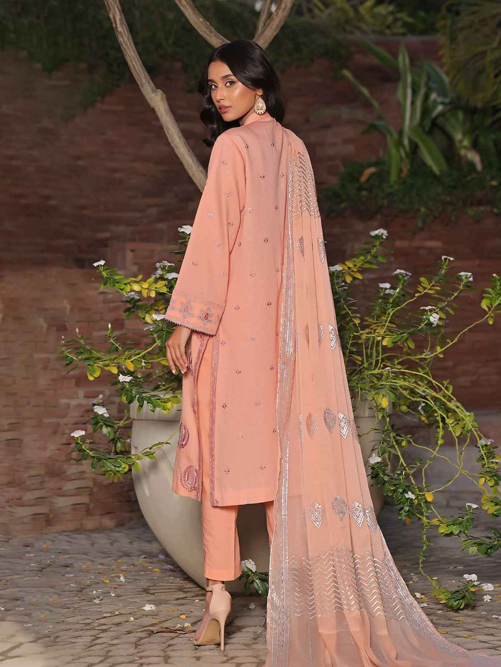 2Pc Embroidered Pret Shirt Dupatta Dobby Peach - OWE2P-2401050