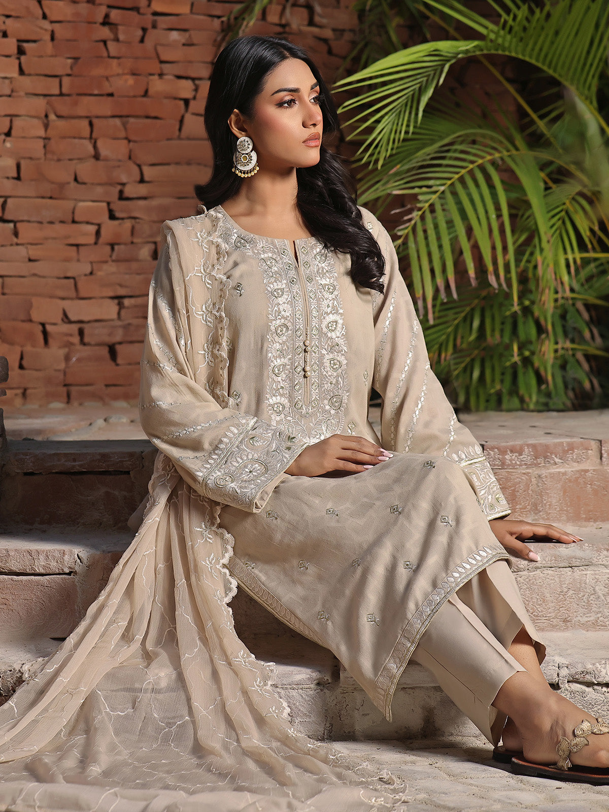 2Pc Embroidered Pret Shirt Dupatta Jacquard Beige - OWE2P-2401051