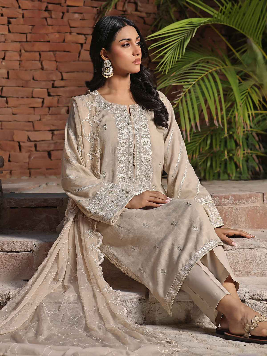 2Pc Embroidered Pret Shirt Dupatta Jacquard Beige - OWE2P-2401051