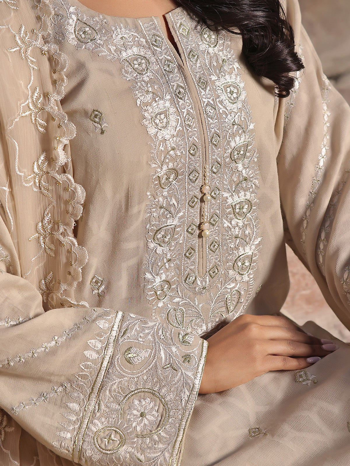 2Pc Embroidered Pret Shirt Dupatta Jacquard Beige - OWE2P-2401051