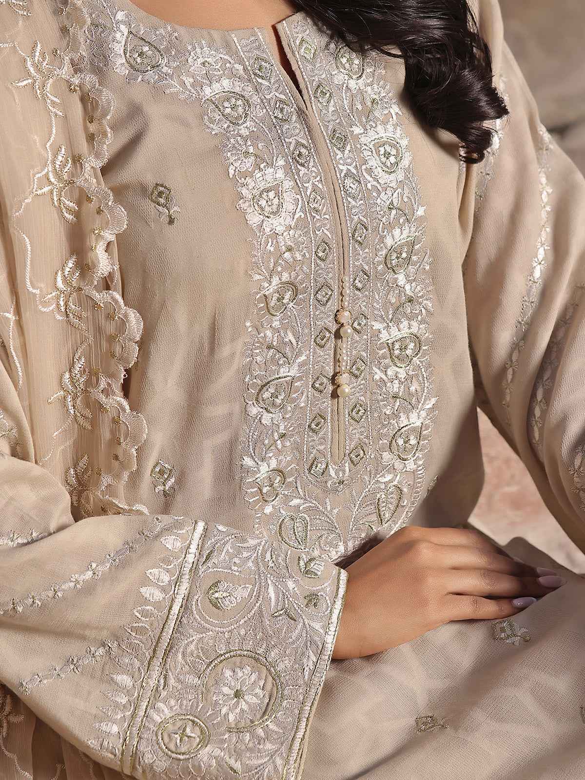 2Pc Embroidered Pret Shirt Dupatta Jacquard Beige - OWE2P-2401051