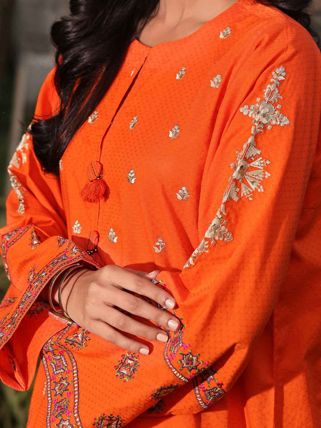 1Pc Embroidered Pret Kurti Dobby Orange - OWEKT-2401053
