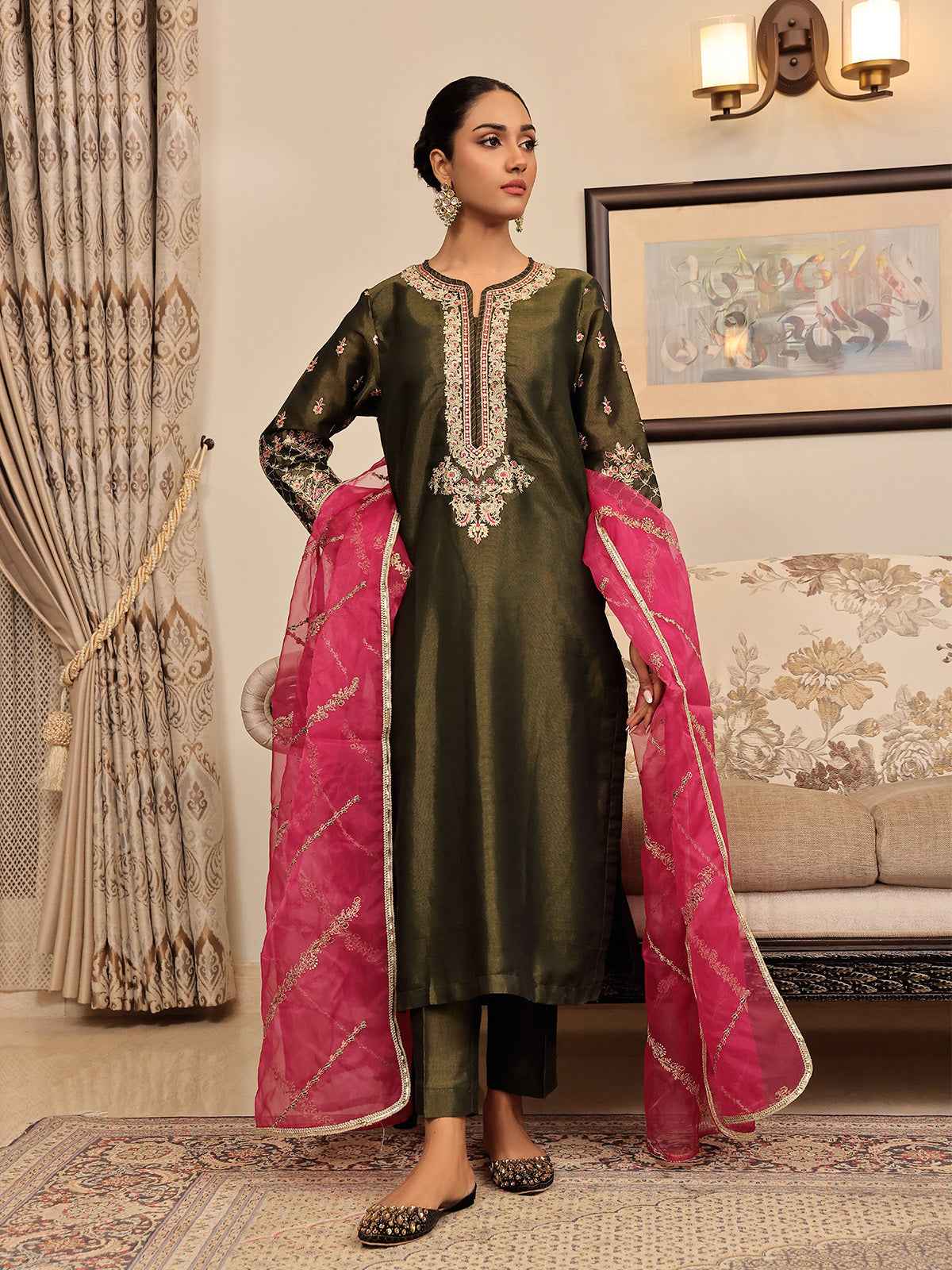 2Pc Embroidered Pret Shirt Dupatta Masoori Dark Green - OWE2P-2311002