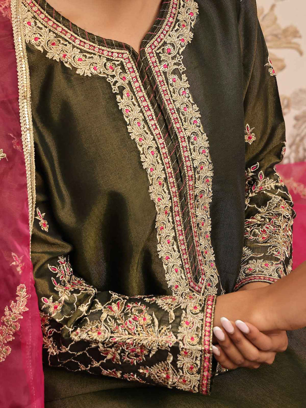 2Pc Embroidered Pret Shirt Dupatta Masoori Dark Green - OWE2P-2311002